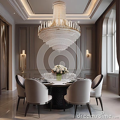 An elegant formal dining room with a grand chandelier and plush upholstered chairs1 Stock Photo