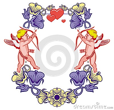 Elegant frame with Cupid, decorative flowers and hearts. Raster clip art. Stock Photo