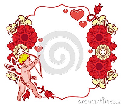 Elegant frame with Cupid, decorative flowers and hearts. Raster clip art. Stock Photo