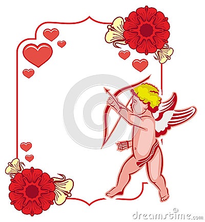 Elegant frame with Cupid, decorative flowers and hearts. Raster clip art. Stock Photo