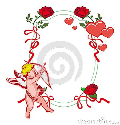 Elegant frame with Cupid, roses and hearts. Raster clip art. Stock Photo