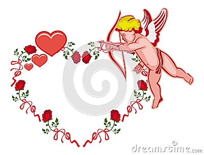 Elegant frame with Cupid, roses and hearts. Raster clip art. Stock Photo