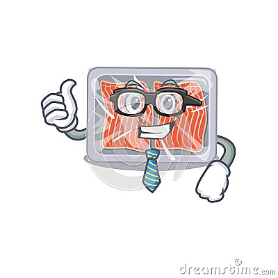 An elegant frozen salmon Businessman mascot design wearing glasses and tie Vector Illustration