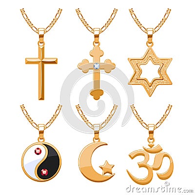 Elegant gemstones vector jewelry religious symbols pendants set Vector Illustration