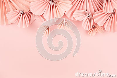 Elegant gentle Valentine day background - sweet pink origami paper hearts fly on soft light pastel pink background, header border Stock Photo