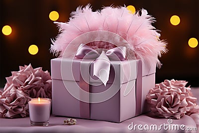 Elegant gift box adorned with textured bow and feathers on lilac Stock Photo