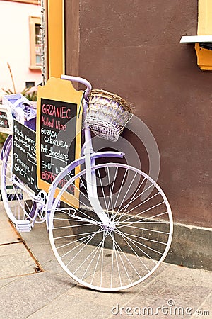 Elegant glamour purple retro bicycle - menu. Outdoors. Stock Photo