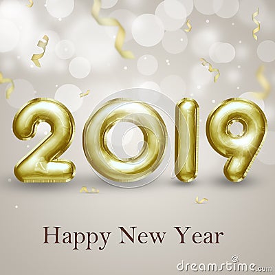Elegant Gold Foil Balloons 3D Illustration Brilliant Happy New Year 2019 Cartoon Illustration