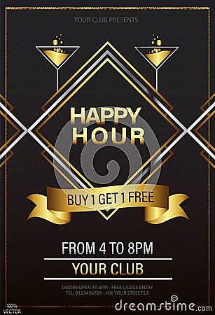 Elegant gold Happy Hours flyer, banner or template design Vector Illustration