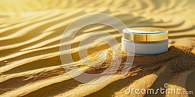 Elegant gold loose powder jar on shiny background, radiant beauty Stock Photo