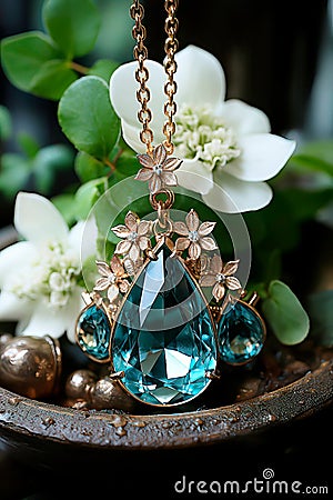 Gold-Plated Necklace with Blue Aquamarine and Flowers Stock Photo