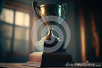 Elegant gold trophy on a pedestal, representing idea achievement. Concept of success, Champions and award Generative AI Stock Photo