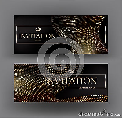 Elegant golden banners with abstract design elements made from metallic circles. Vector Illustration