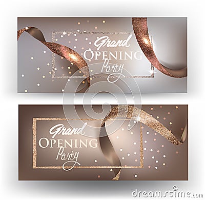 Elegant grand opening beige cards with realictic ribbons. Vector Illustration