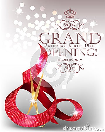 Elegant grand opening card with textured curled red ribbon and scissors. Vector Illustration