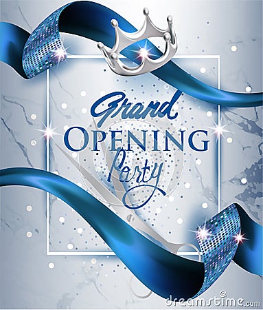 Elegant grand opening invitation card with blue textured curled blue ribbon and marble background. Vector Illustration