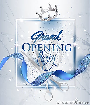 Elegant grand opening invitation card with blue textured curled ribbon and marble background. Vector Illustration