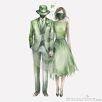 Elegant Green Outfit Couple: Fashion Illustration With Translucent Watercolors Stock Photo