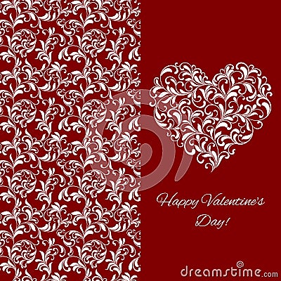 Elegant greeting postcard for Valentine`s Day. Heart from floral ornament Vector Illustration