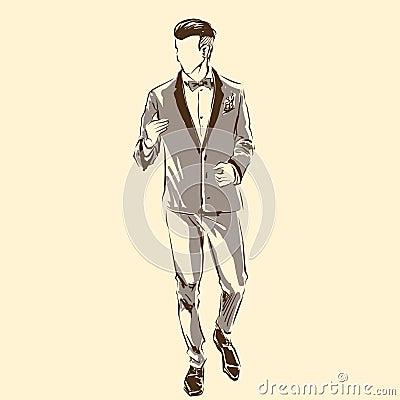 Elegant groom on wedding, bridegroom, fiance, vector fashion illustration Vector Illustration