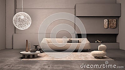 Elegant grunge living room with plaster walls and floor, fireplace. Cream sofa with pillows, carpet, fluffy armchair, side tables Stock Photo