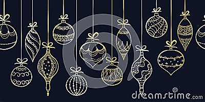 Elegant hand drawn christmas ornaments horizontal seamless, decorated baubles hanging, great for christmas wrapping, banners, Vector Illustration