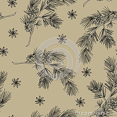 Elegant hand drawn Christmas seamless pattern with pine cones, pine tree branches and star anise. Winter vintage Vector Illustration