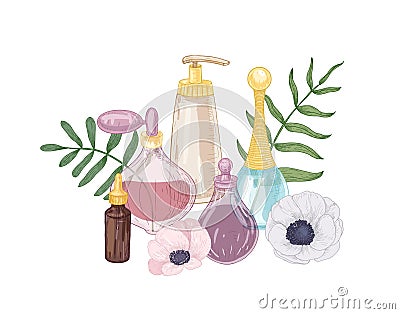 Elegant hand drawn decorative composition with perfume, toilet water, fragrant essential oil in glass bottles and Vector Illustration