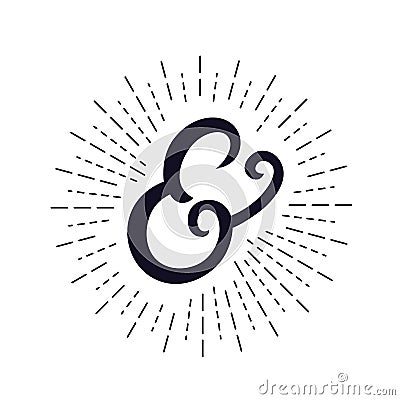 Elegant hand written ampersand with light rays, sunburst. Vector Illustration