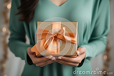 Elegant Hands with Gift Concept for Valentine's Day Delight, Feminine Packaging Mastery, and Birthday Celebrations Stock Photo