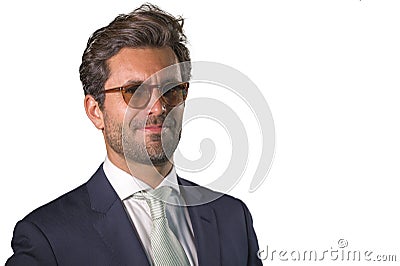 Elegant and handsome happy man in suit posing for company corporate business portrait relaxed and confident smiling happy isolated Stock Photo