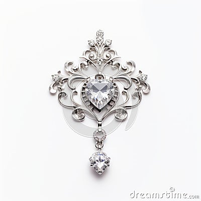 Elegant Heart Shaped Silver Brooch With Baroque Gothic Grandeur Stock Photo