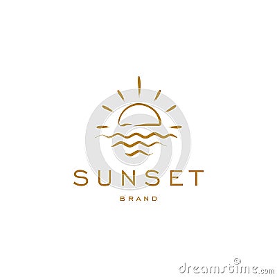 Elegant hipster gold sun sunset sunrise with beach ocean sea water logo icon vector Vector Illustration