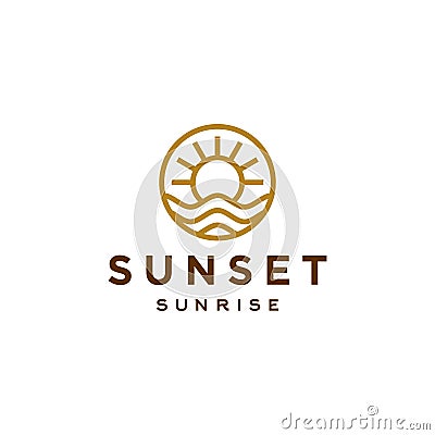 Elegant hipster gold sun sunset sunrise with beach ocean sea water logo icon vector in trendy line linear, outline logo vector Vector Illustration
