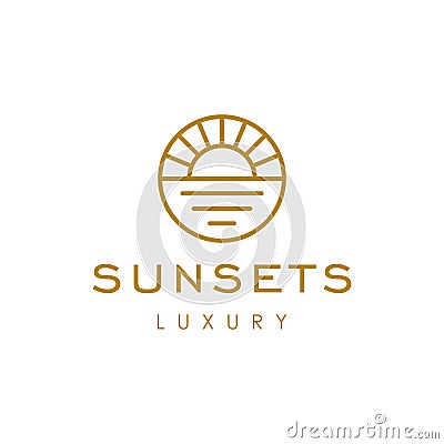 Elegant hipster gold sun sunset sunrise with beach ocean sea water logo icon vector in trendy line linear, outline logo vector Vector Illustration