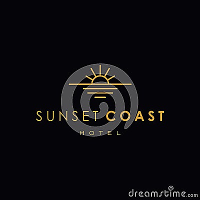 Elegant hipster gold sun sunset sunrise with beach ocean sea water logo icon vector in trendy line linear, outline logo vector Vector Illustration