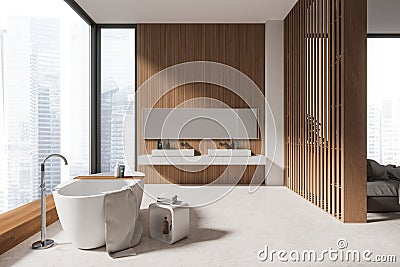 Elegant home interior with bathing and sleeping space, panoramic window Stock Photo