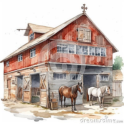 Elegant Horse Stables on a Clean White Background. Perfect for Invitations and Posters. Stock Photo