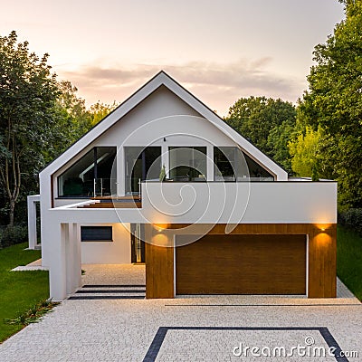 Elegant house with cobblestone driveway, drone view Stock Photo