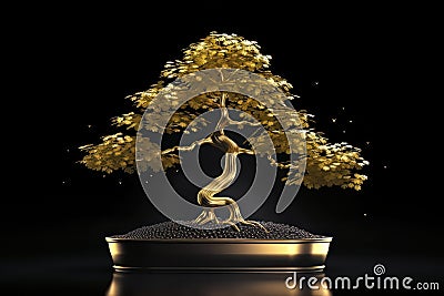 Elegant image with artificial bonsai tree on a black background. This shot will add value to your projects. AI Stock Photo