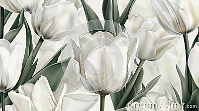Elegant Image of White Tulips with Long Green Leaves on White Background, Embracing Simplicity Stock Photo