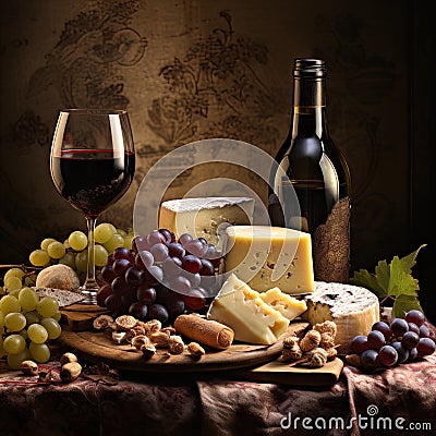 Elegant image of wine, cheese, fruit and nuts. Stock Photo