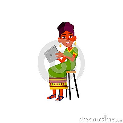 elegant indian girl searching funny video on tablet cartoon vector Vector Illustration