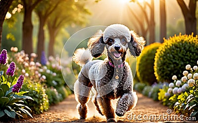 An elegant and intelligent Poodle is frolicking in the garden Stock Photo