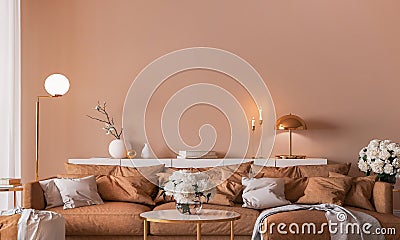 Elegant interior design, modern living room with golden home accessories on orange color background Stock Photo