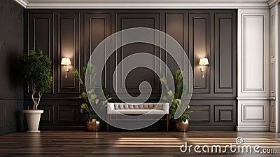 Elegant interior design of modern spacious entrance hall with door and wooden paneling walls Stock Photo