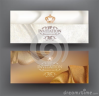 Elegant invitation cards with sparkling beige fabric. Vector Illustration