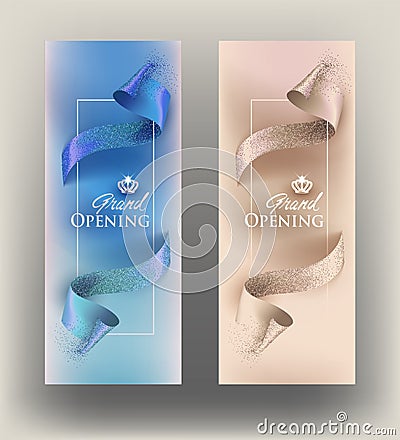Elegant invitation vertical banners with curly cut ribbons. Vector Illustration