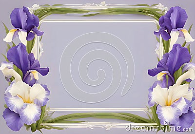 Elegant Iris Flowers Frame on Lavender Background Stock Photo