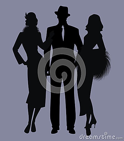 Elegant isolated silhouettes of ladies and gentlemen wearing classic film noir style clothes Vector Illustration